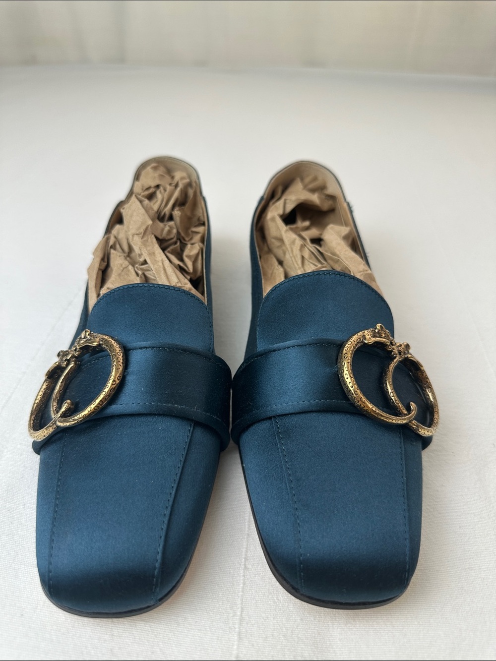 Charlotte Olympia Satin Blue Square-Toe Flats with Gold Double Rings
